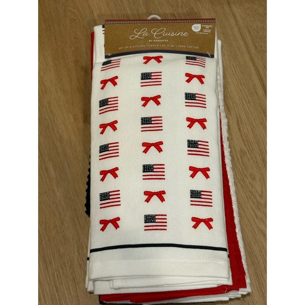La Cuisine‎ By Kassatex Patriotic July 4th 5pk COTTON Kitchen Towels Flags